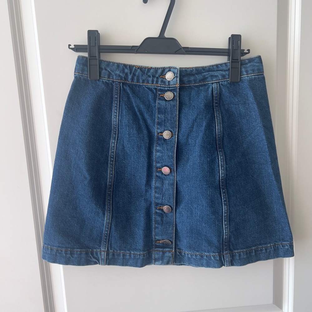 Topshop Denim Button Up High-rise A-line Dark Wash Short Mini Skirt
